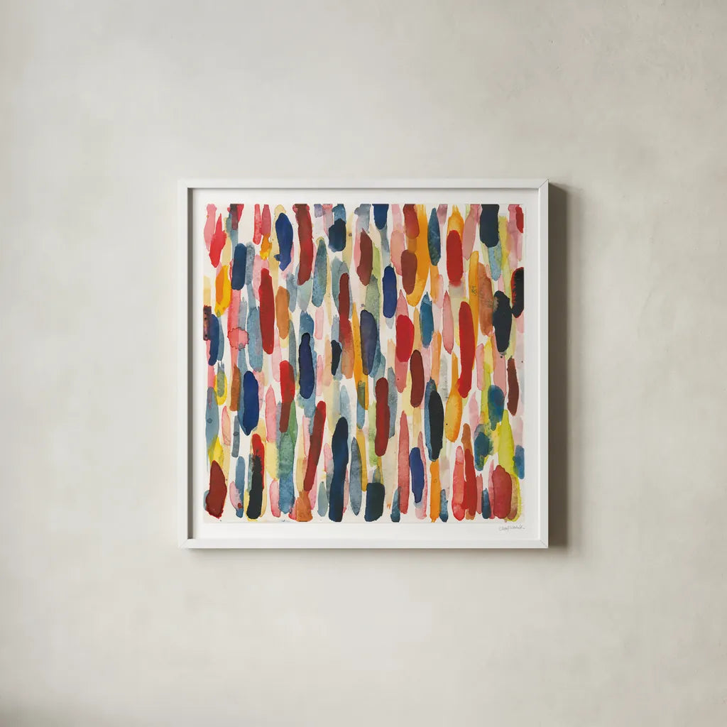Colorful Patterns IX by Cheryl Warrick. Shown in a crisp white glass frame for a clean and minimalist style. Available as an archival giclee rolled canvas, fine art paper, or poster print. SKU 77641a.