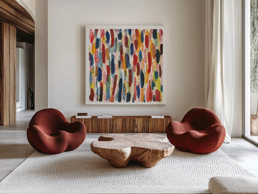 Colorful Patterns IX by Cheryl Warrick. Shown as extra-large giant wall art in a modern living room. Available as an archival giclee rolled canvas, fine art paper, or poster print. SKU 77641a.