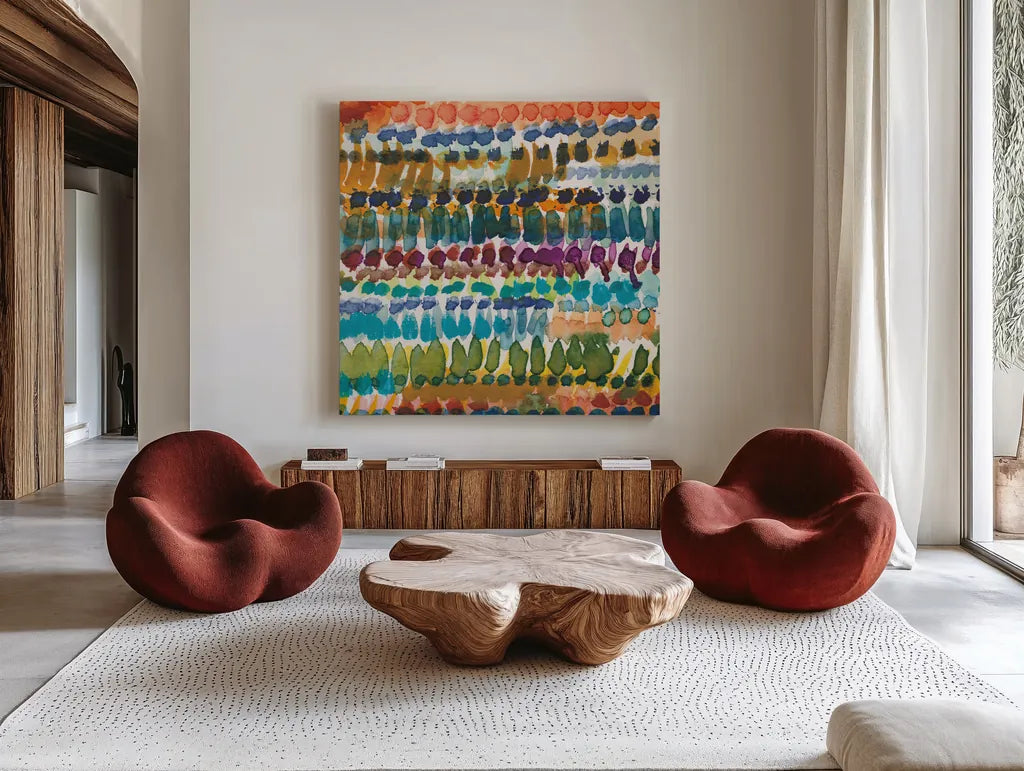 Colorful Patterns V Crop I by Cheryl Warrick. Shown as extra-large giant wall art in a modern living room. Available as an archival giclee rolled canvas, fine art paper, or poster print. SKU 54687a.