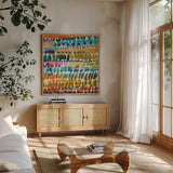 Colorful Patterns V Crop II by Cheryl Warrick. Shown in a natural wood frame in a cozy modern living room. Available as an archival giclee rolled canvas, fine art paper, or poster print. SKU 54688a.