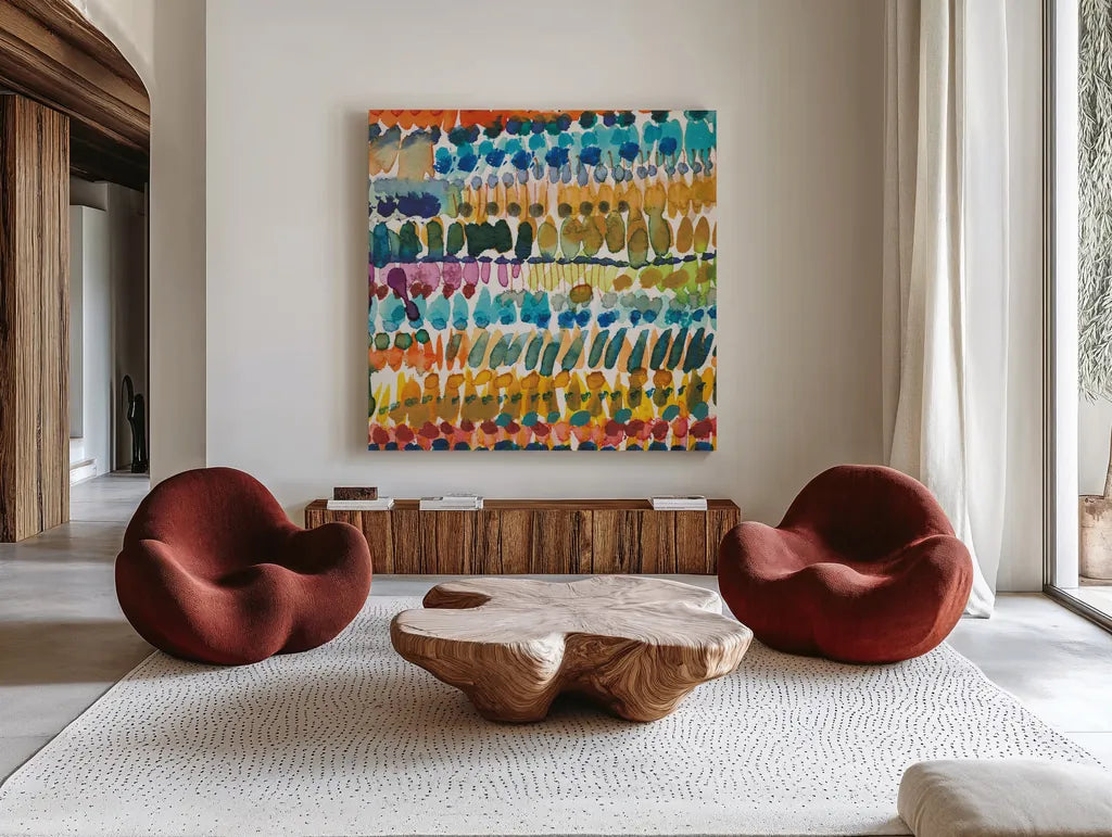 Colorful Patterns V Crop II by Cheryl Warrick. Shown as extra-large giant wall art in a modern living room. Available as an archival giclee rolled canvas, fine art paper, or poster print. SKU 54688a.