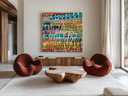 Colorful Patterns V Crop II by Cheryl Warrick. Shown as extra-large giant wall art in a modern living room. Available as an archival giclee rolled canvas, fine art paper, or poster print. SKU 54688a.