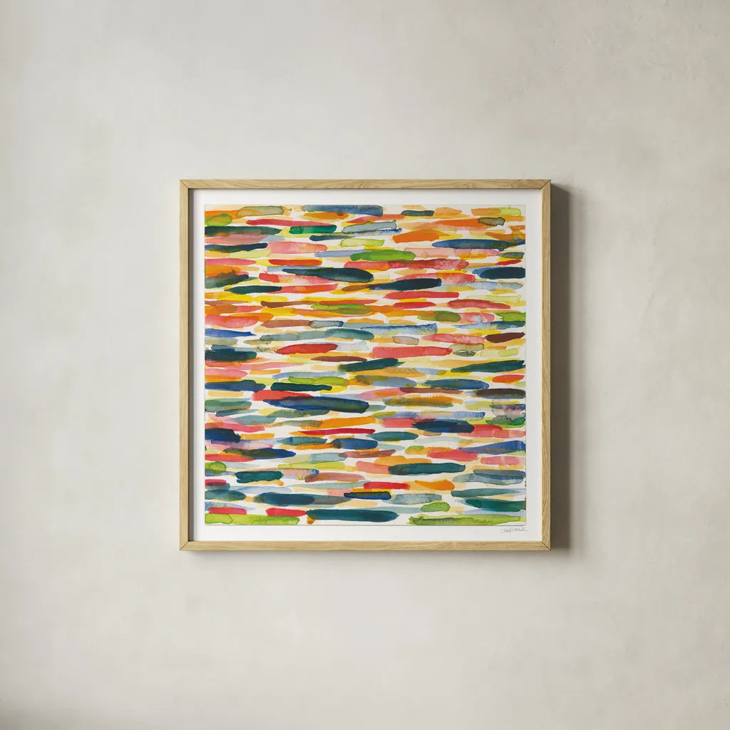 Colorful Patterns X by Cheryl Warrick. Shown in a natural wood glass frame for a timeless modern aesthetic. Available as an archival giclee rolled canvas, fine art paper, or poster print. SKU 77642a.