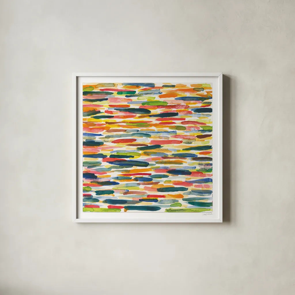 Colorful Patterns X by Cheryl Warrick. Shown in a crisp white glass frame for a clean and minimalist style. Available as an archival giclee rolled canvas, fine art paper, or poster print. SKU 77642a.