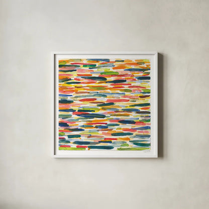 Colorful Patterns X by Cheryl Warrick. Shown in a crisp white glass frame for a clean and minimalist style. Available as an archival giclee rolled canvas, fine art paper, or poster print. SKU 77642a.