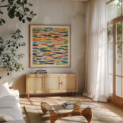Colorful Patterns X by Cheryl Warrick. Shown in a natural wood frame in a cozy modern living room. Available as an archival giclee rolled canvas, fine art paper, or poster print. SKU 77642a.