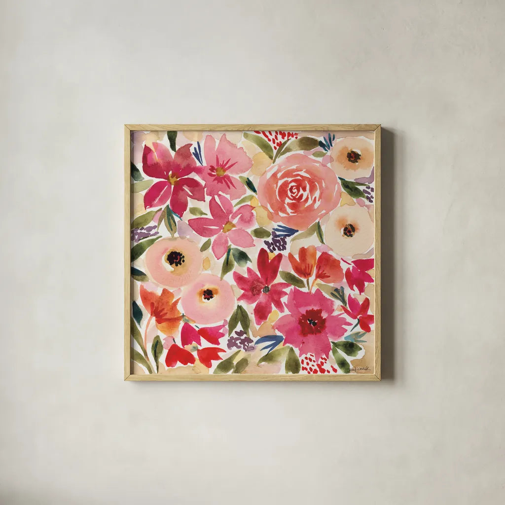 Cottage Garden by Cheryl Warrick. Shown in a natural wood glass frame for a timeless modern aesthetic. Available as an archival giclee rolled canvas, fine art paper, or poster print. SKU 78387a.