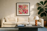 Cottage Garden by Cheryl Warrick. Displayed in a glass frame with matte in a clean modern living room. Available as an archival giclee rolled canvas, fine art paper, or poster print. SKU 78387a.