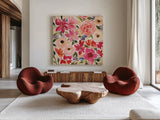 Cottage Garden by Cheryl Warrick. Shown as extra-large giant wall art in a modern living room. Available as an archival giclee rolled canvas, fine art paper, or poster print. SKU 78387a.