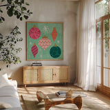Cozy Cheer II by Cheryl Warrick. Shown in a natural wood frame in a cozy modern living room. Available as an archival giclee rolled canvas, fine art paper, or poster print. SKU 104052a.