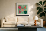 Cozy Cheer II by Cheryl Warrick. Displayed in a glass frame with matte in a clean modern living room. Available as an archival giclee rolled canvas, fine art paper, or poster print. SKU 104052a.