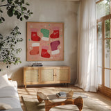 Cozy Cheer III by Cheryl Warrick. Shown in a natural wood frame in a cozy modern living room. Available as an archival giclee rolled canvas, fine art paper, or poster print. SKU 104053a.