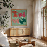 Cozy Cheer IV by Cheryl Warrick. Shown in a natural wood frame in a cozy modern living room. Available as an archival giclee rolled canvas, fine art paper, or poster print. SKU 104054a.