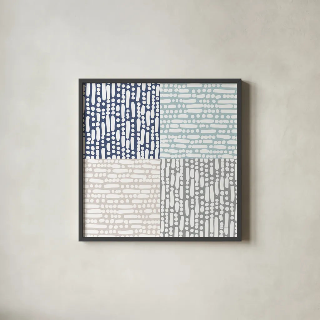 Cross Current Square Up Cool by Cheryl Warrick. Shown in a sleek black glass frame for a contemporary gallery look. Available as an archival giclee rolled canvas, fine art paper, or poster print. SKU 56960a.