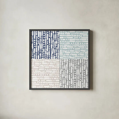 Cross Current Square Up Cool by Cheryl Warrick. Shown in a sleek black glass frame for a contemporary gallery look. Available as an archival giclee rolled canvas, fine art paper, or poster print. SKU 56960a.