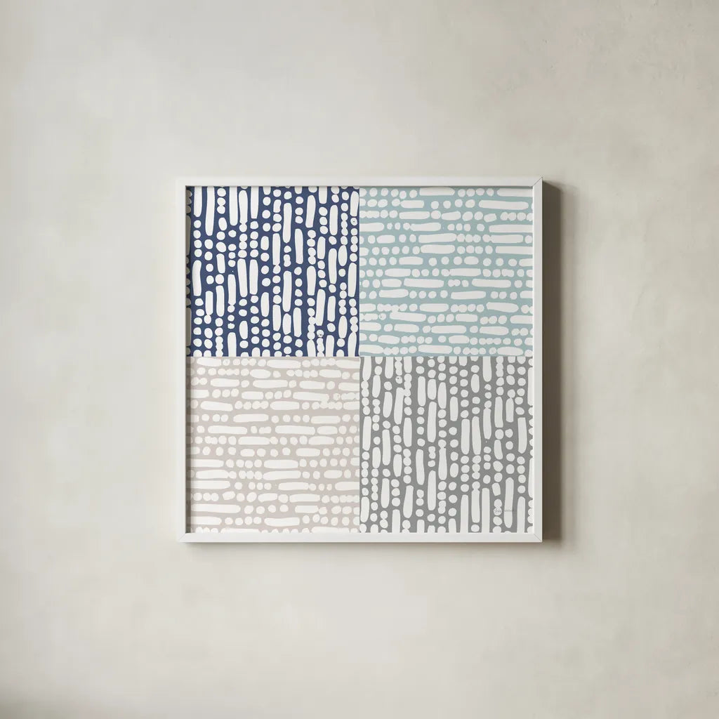 Cross Current Square Up Cool by Cheryl Warrick. Shown in a crisp white glass frame for a clean and minimalist style. Available as an archival giclee rolled canvas, fine art paper, or poster print. SKU 56960a.