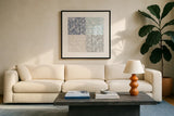 Cross Current Square Up Cool by Cheryl Warrick. Displayed in a glass frame with matte in a clean modern living room. Available as an archival giclee rolled canvas, fine art paper, or poster print. SKU 56960a.