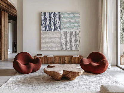 Cross Current Square Up Cool by Cheryl Warrick. Shown as extra-large giant wall art in a modern living room. Available as an archival giclee rolled canvas, fine art paper, or poster print. SKU 56960a.