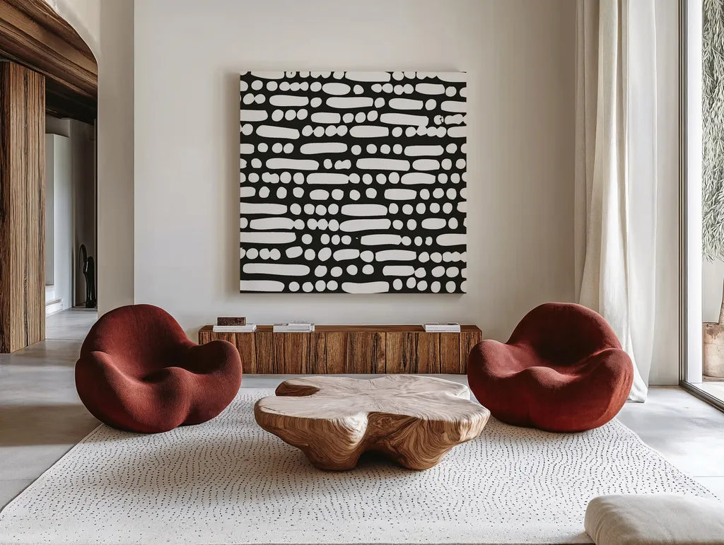 Cross Current Square Up III BW by Cheryl Warrick. Shown as extra-large giant wall art in a modern living room. Available as an archival giclee rolled canvas, fine art paper, or poster print. SKU 25306a.