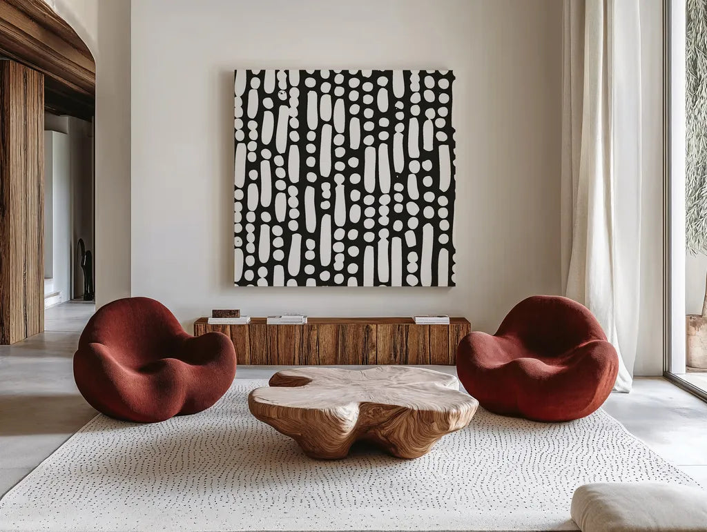 Cross Current Square Up IV BW by Cheryl Warrick. Shown as extra-large giant wall art in a modern living room. Available as an archival giclee rolled canvas, fine art paper, or poster print. SKU 25307a.