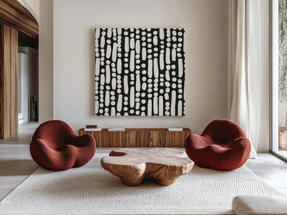Cross Current Square Up IV BW by Cheryl Warrick. Shown as extra-large giant wall art in a modern living room. Available as an archival giclee rolled canvas, fine art paper, or poster print. SKU 25307a.