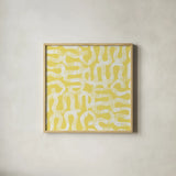 Cross Current Yellow Elegant by Cheryl Warrick. Shown in a natural wood glass frame for a timeless modern aesthetic. Available as an archival giclee rolled canvas, fine art paper, or poster print. SKU 38202a.
