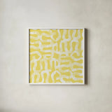 Cross Current Yellow Elegant by Cheryl Warrick. Shown in a crisp white glass frame for a clean and minimalist style. Available as an archival giclee rolled canvas, fine art paper, or poster print. SKU 38202a.