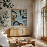 Dwell I by Cheryl Warrick. Shown in a natural wood frame in a cozy modern living room. Available as an archival giclee rolled canvas, fine art paper, or poster print. SKU 17735a.