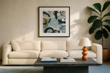 Dwell I by Cheryl Warrick. Displayed in a glass frame with matte in a clean modern living room. Available as an archival giclee rolled canvas, fine art paper, or poster print. SKU 17735a.