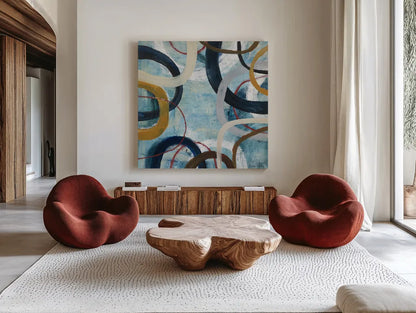 Dwell I by Cheryl Warrick. Shown as extra-large giant wall art in a modern living room. Available as an archival giclee rolled canvas, fine art paper, or poster print. SKU 17735a.