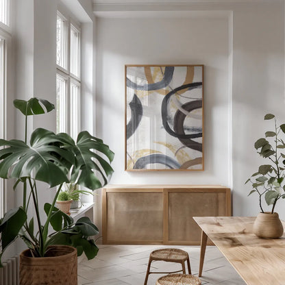Dwell I Gold Neutral Crop by Cheryl Warrick. shown as a print in a natural wood frame in a dining room. Available as a archival giclee rolled canvas, fine art paper, or poster print. SKU 77621h.