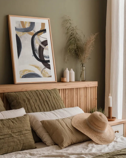 Dwell I Gold Neutral Crop by Cheryl Warrick. shown as a paper print in a natural frame. Available as a archival giclee rolled canvas, fine art paper, or poster print. SKU 77621h.
