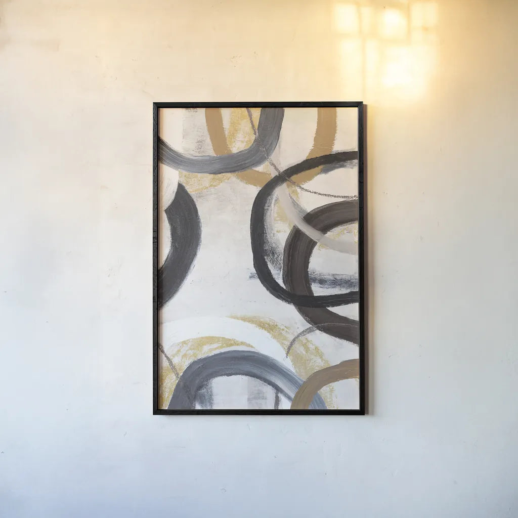 Dwell I Gold Neutral Crop by Cheryl Warrick. shown as a paper print in a black flame. Available as a archival giclee rolled canvas, fine art paper, or poster print. SKU 77621h.