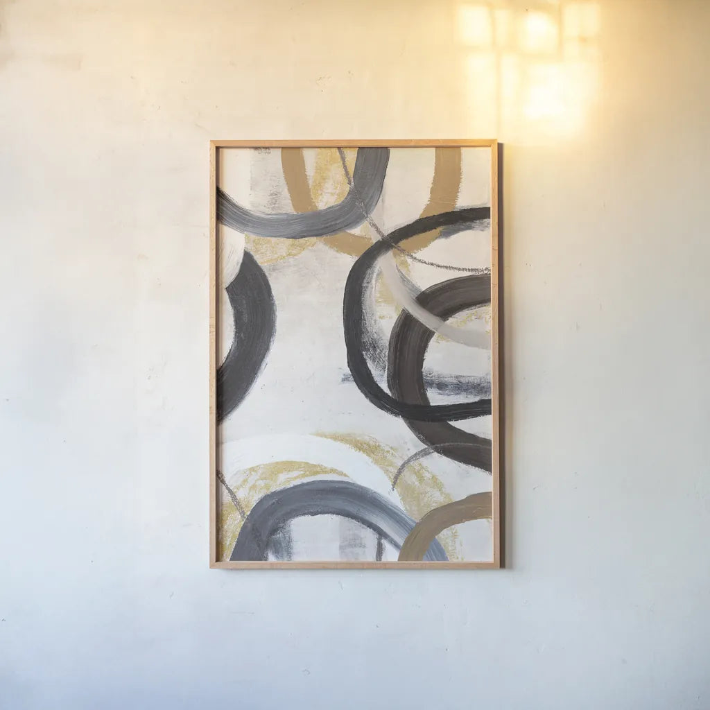 Dwell I Gold Neutral Crop by Cheryl Warrick. shown as a paper print in a natural frame. Available as a archival giclee rolled canvas, fine art paper, or poster print. SKU 77621h.