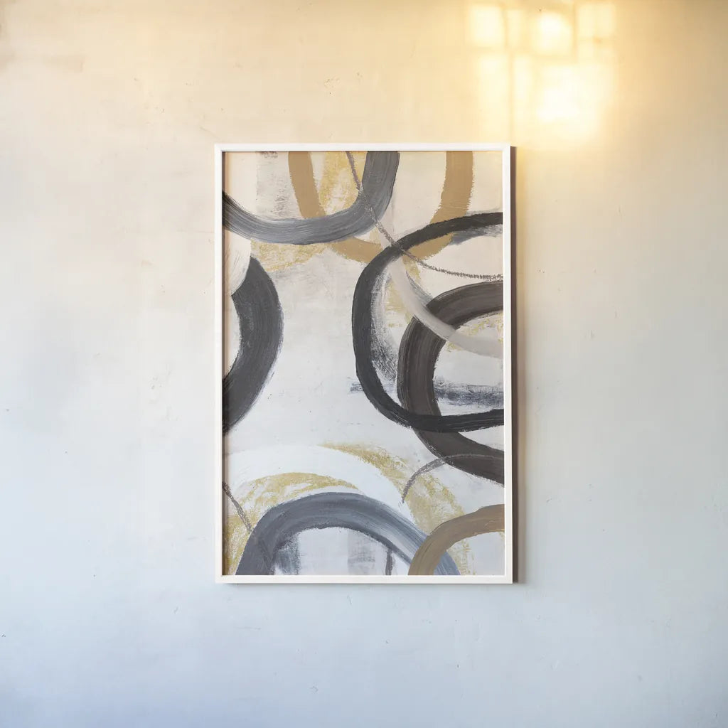 Dwell I Gold Neutral Crop by Cheryl Warrick. shown as a paper print in a white frame. Available as a archival giclee rolled canvas, fine art paper, or poster print. SKU 77621h.