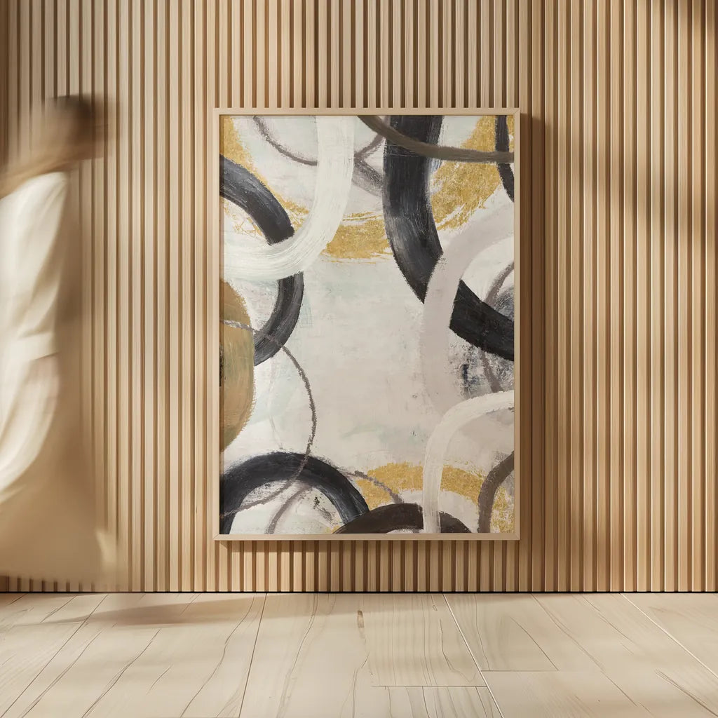 Dwell II Gold Neutral Crop by Cheryl Warrick. shown as over sized large wall art. Available as an archival giclee rolled canvas, fine art paper, or poster print. SKU 77622h.