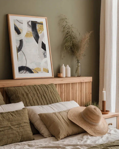 Dwell II Gold Neutral Crop by Cheryl Warrick. shown as a paper print in a natural frame. Available as a archival giclee rolled canvas, fine art paper, or poster print. SKU 77622h.