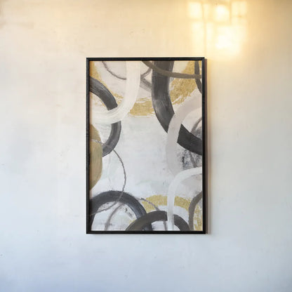 Dwell II Gold Neutral Crop by Cheryl Warrick. shown as a paper print in a black flame. Available as a archival giclee rolled canvas, fine art paper, or poster print. SKU 77622h.