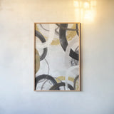 Dwell II Gold Neutral Crop by Cheryl Warrick. shown as a paper print in a natural frame. Available as a archival giclee rolled canvas, fine art paper, or poster print. SKU 77622h.