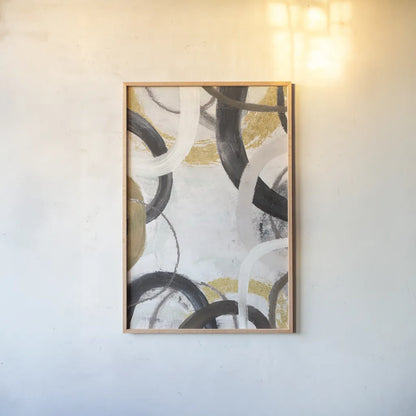 Dwell II Gold Neutral Crop by Cheryl Warrick. shown as a paper print in a natural frame. Available as a archival giclee rolled canvas, fine art paper, or poster print. SKU 77622h.
