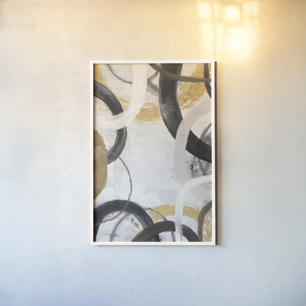 Dwell II Gold Neutral Crop by Cheryl Warrick. shown as a paper print in a white frame. Available as a archival giclee rolled canvas, fine art paper, or poster print. SKU 77622h.