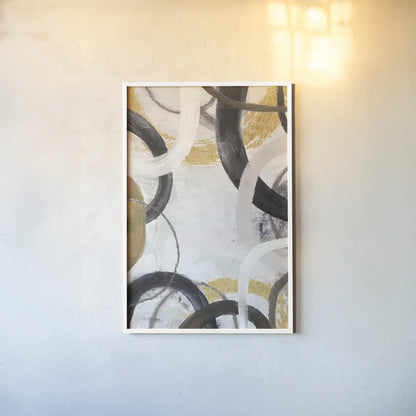 Dwell II Gold Neutral Crop by Cheryl Warrick. shown as a paper print in a white frame. Available as a archival giclee rolled canvas, fine art paper, or poster print. SKU 77622h.