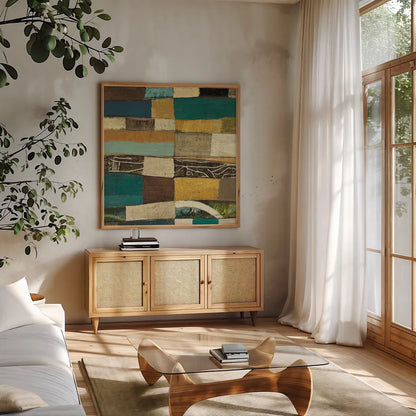 Eileen IV Blue by Cheryl Warrick. Shown in a natural wood frame in a cozy modern living room. Available as an archival giclee rolled canvas, fine art paper, or poster print. SKU 15830a.