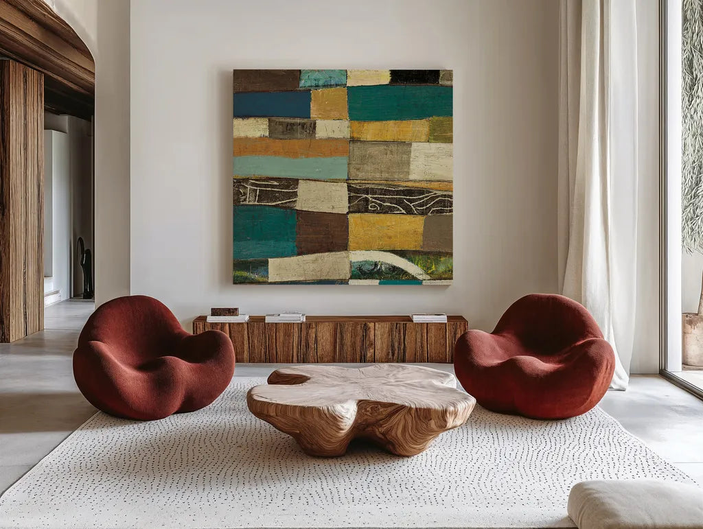 Eileen IV Blue by Cheryl Warrick. Shown as extra-large giant wall art in a modern living room. Available as an archival giclee rolled canvas, fine art paper, or poster print. SKU 15830a.