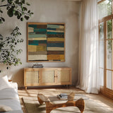 Eileen V Blue by Cheryl Warrick. Shown in a natural wood frame in a cozy modern living room. Available as an archival giclee rolled canvas, fine art paper, or poster print. SKU 15831a.