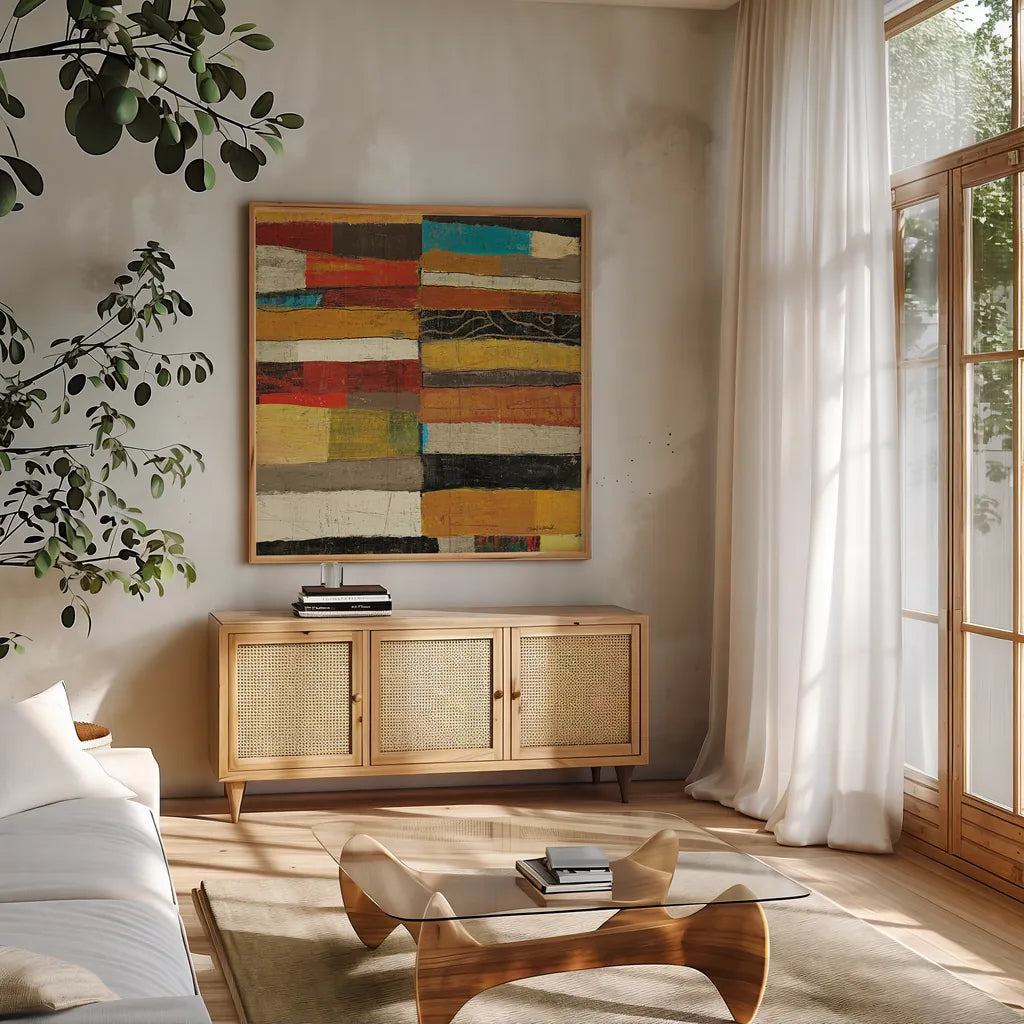 Eileen V v2 by Cheryl Warrick. Shown in a natural wood frame in a cozy modern living room. Available as an archival giclee rolled canvas, fine art paper, or poster print. SKU 37802a.