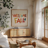 Fall Fun II by Cheryl Warrick. Shown in a natural wood frame in a cozy modern living room. Available as an archival giclee rolled canvas, fine art paper, or poster print. SKU 93045a.