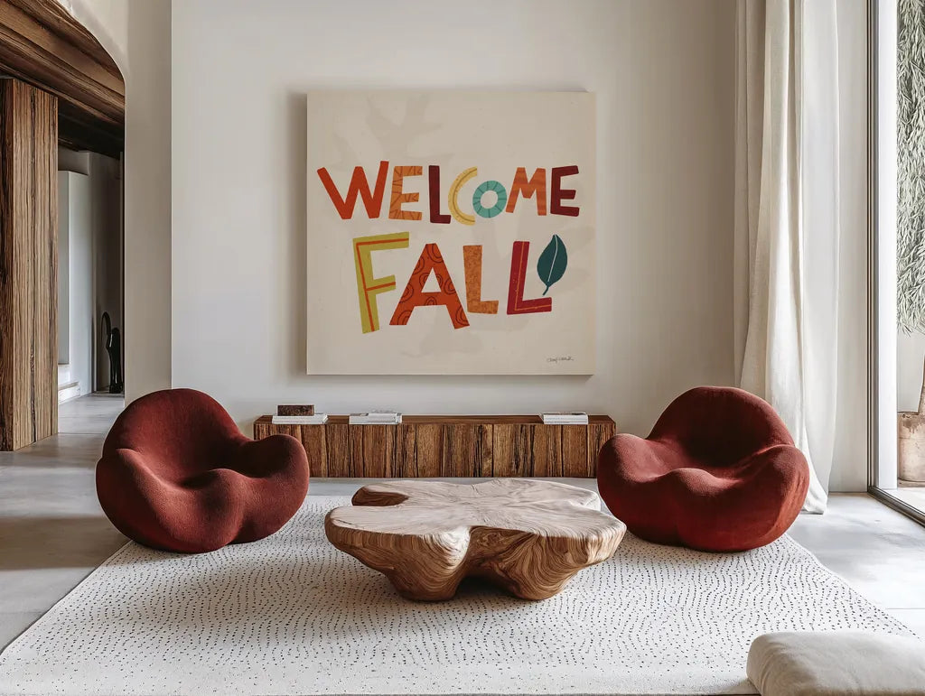 Fall Fun II by Cheryl Warrick. Shown as extra-large giant wall art in a modern living room. Available as an archival giclee rolled canvas, fine art paper, or poster print. SKU 93045a.
