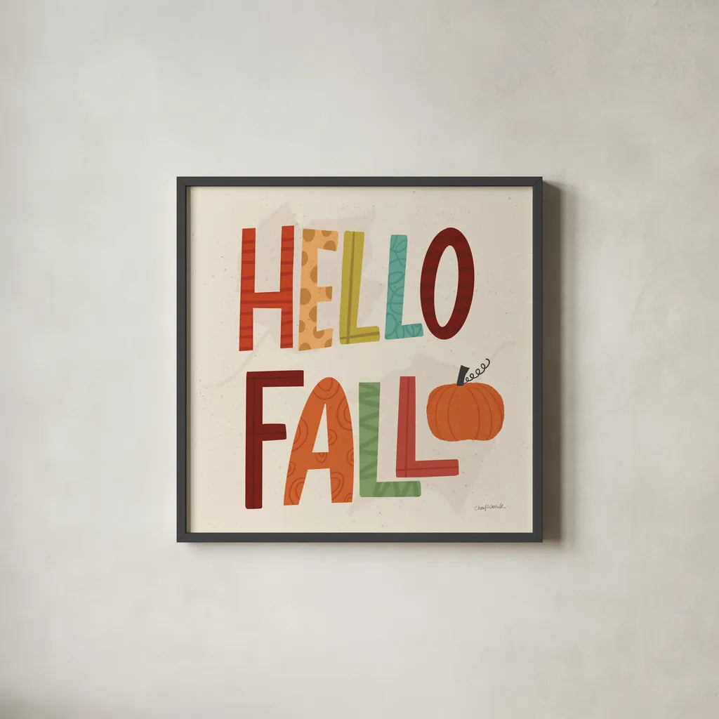 Fall Fun III by Cheryl Warrick. Shown in a sleek black glass frame for a contemporary gallery look. Available as an archival giclee rolled canvas, fine art paper, or poster print. SKU 93046a.