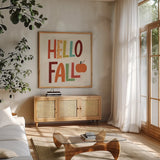 Fall Fun III by Cheryl Warrick. Shown in a natural wood frame in a cozy modern living room. Available as an archival giclee rolled canvas, fine art paper, or poster print. SKU 93046a.